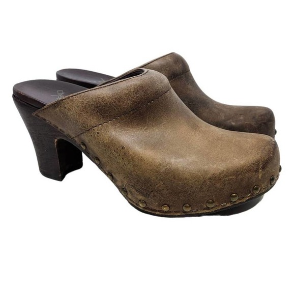 Dansko 38 Brown Leather Wooden Clog Chunky Comfort Boho Rae Heel Orthopedic - Picture 1 of 7